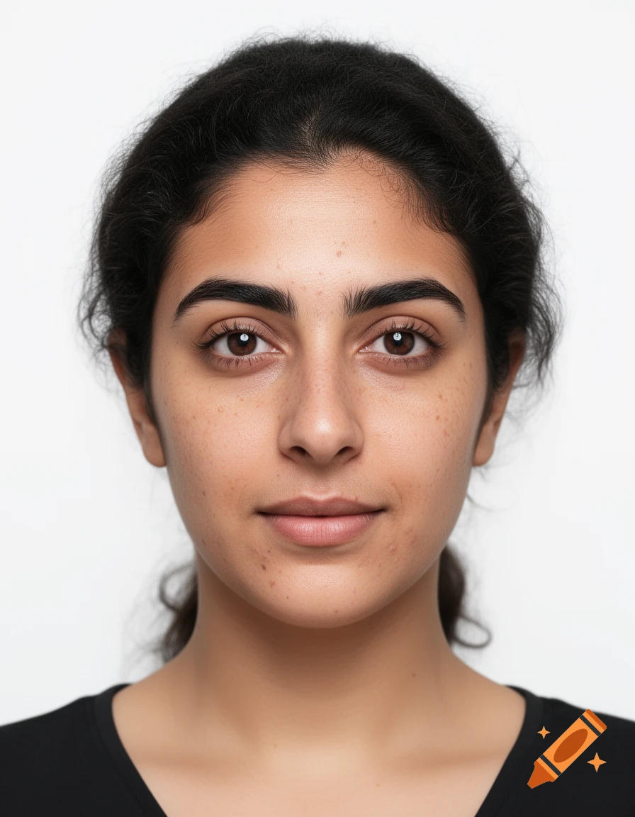 A photorealistic portrait of a young woman with dark curly hair and brown eyes, facing forward against a white background.