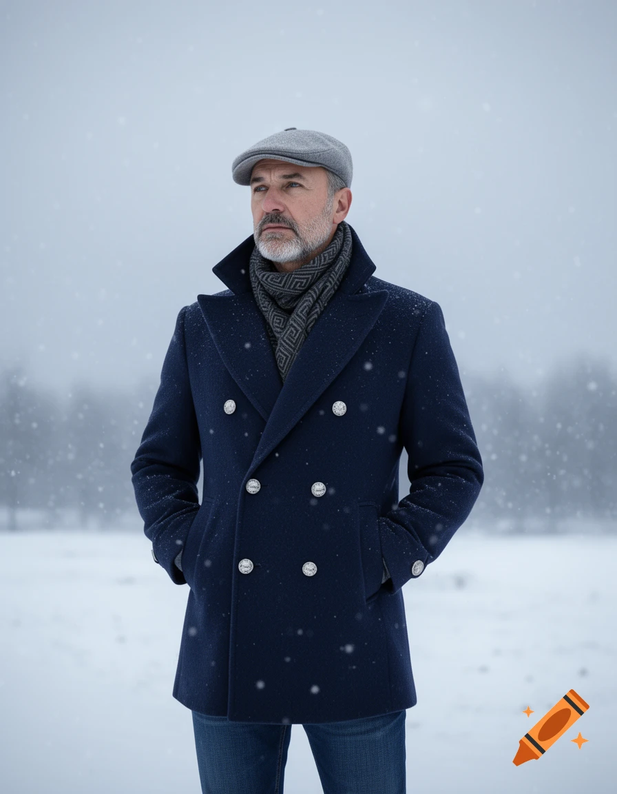 A contemplative middle-aged man in a dark blue double-breasted coat, gray flat cap, and patterned scarf stands in a snowy winter landscape.