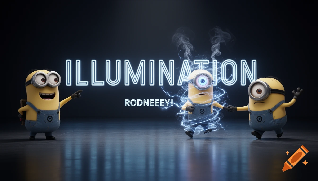 Three Minions on a dark stage with glowing "ILLUMINATION" text. A minion on the left points and laughs at a central minion engulfed in blue electricity and smoke, with the text "RODNEEEEY!" below it, while another minion looks concerned in a 3D animated style.