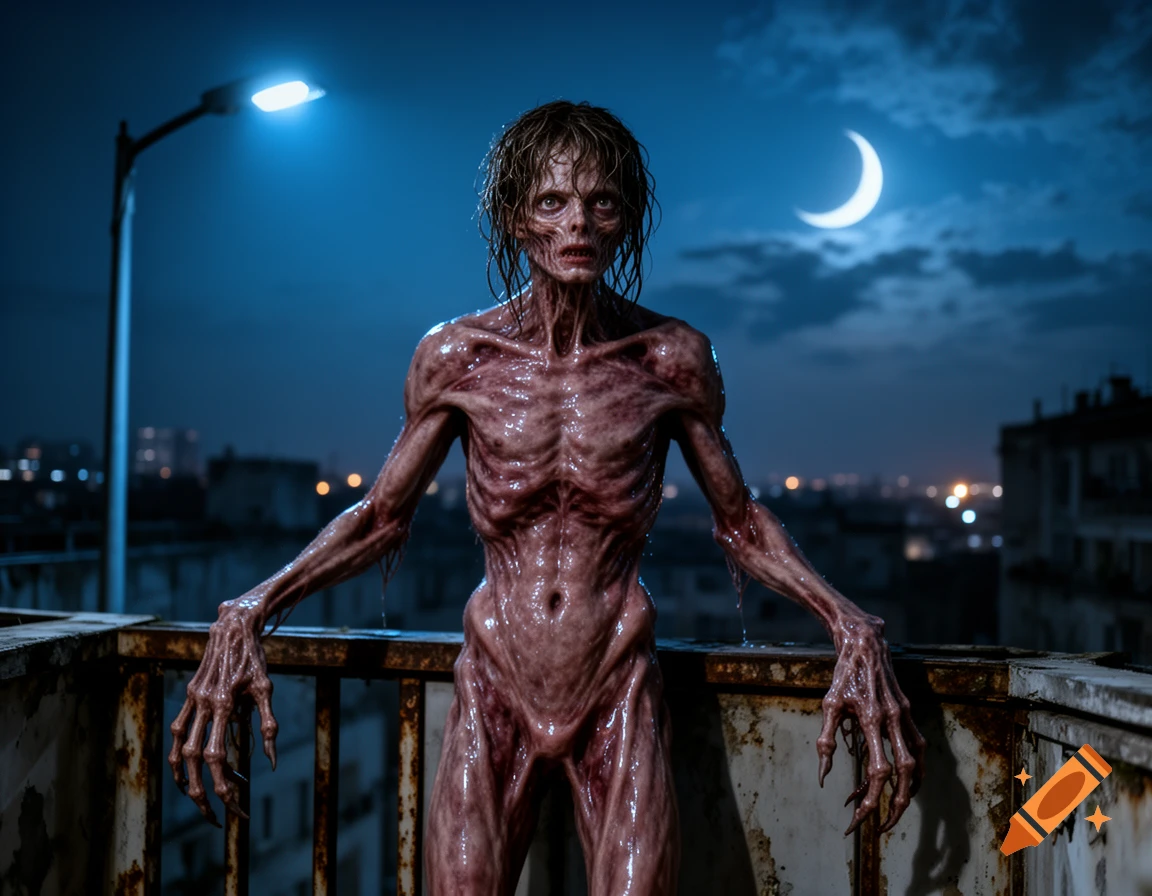 A hyperrealistic, emaciated, fleshy creature with long fingers stands on a balcony at night, illuminated by a street lamp and crescent moon.