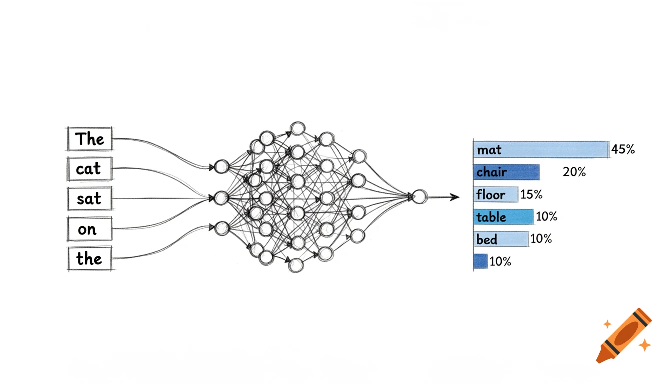 Hand-drawn diagram of a language model neural network, showing input words processing and outputting probability distribution of next words.