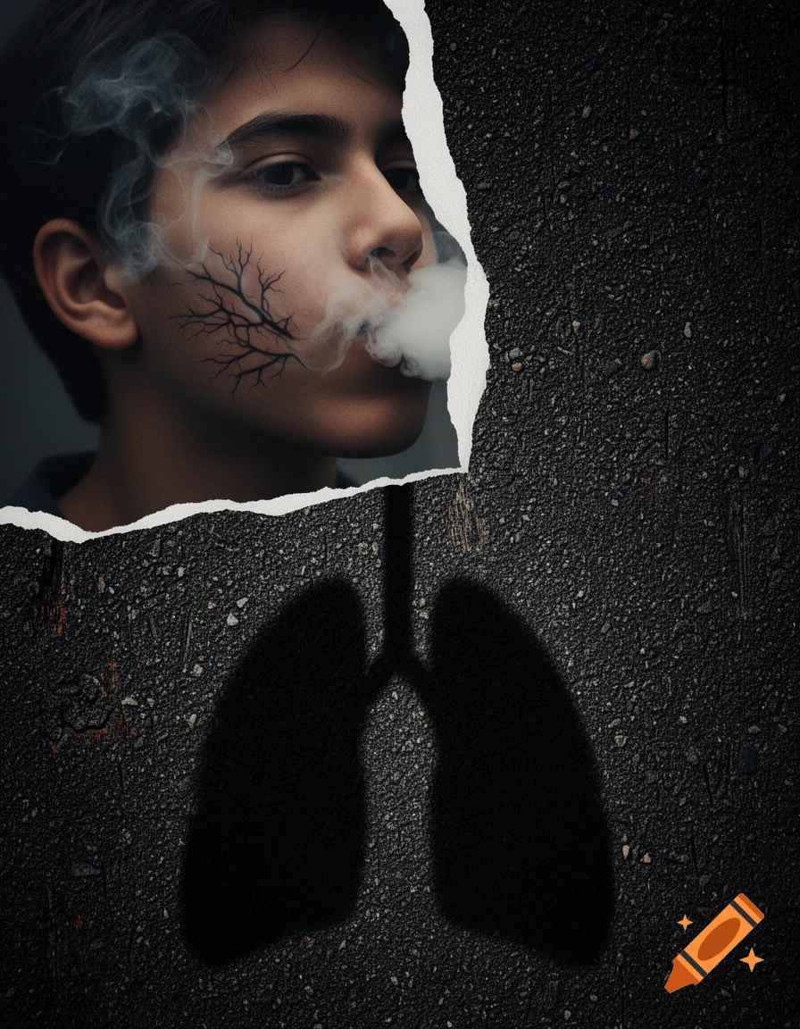Dramatic split-screen anti-vaping image: young person with vein-like structures on face exhaling smoke, above a dark lung silhouette on a textured background.