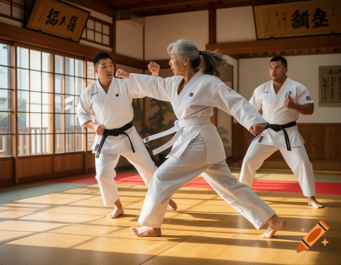 A senior woman in a white karategi practices karate with two men in a dojo, striking with her right arm.