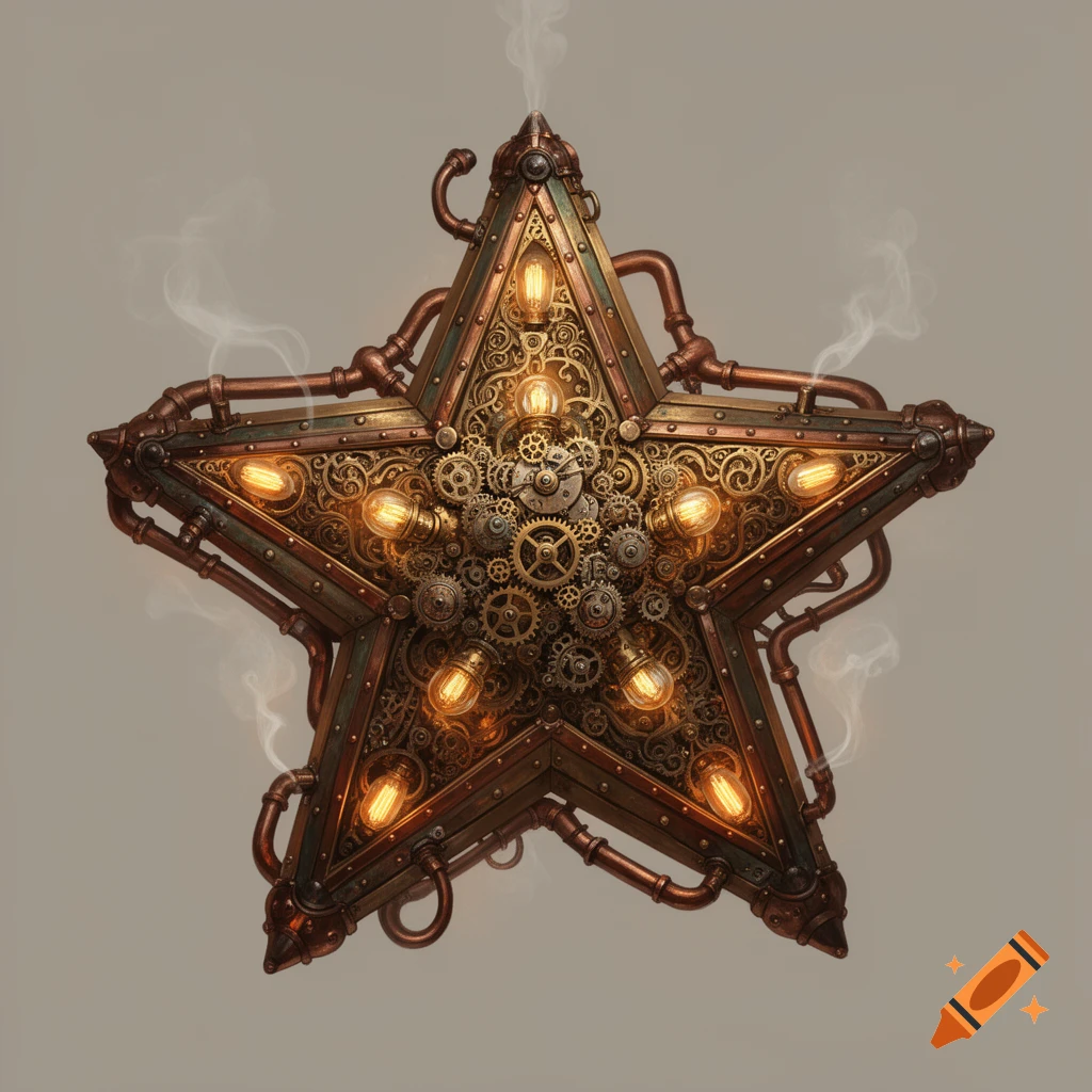 Intricate steampunk star made of metal, gears, pipes, and glowing bulbs, with wisps of steam.