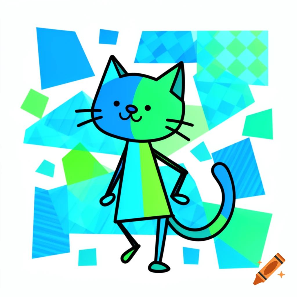A stylized cartoon cat, half blue and half green, stands amidst various blue and green geometric shapes on a white background.