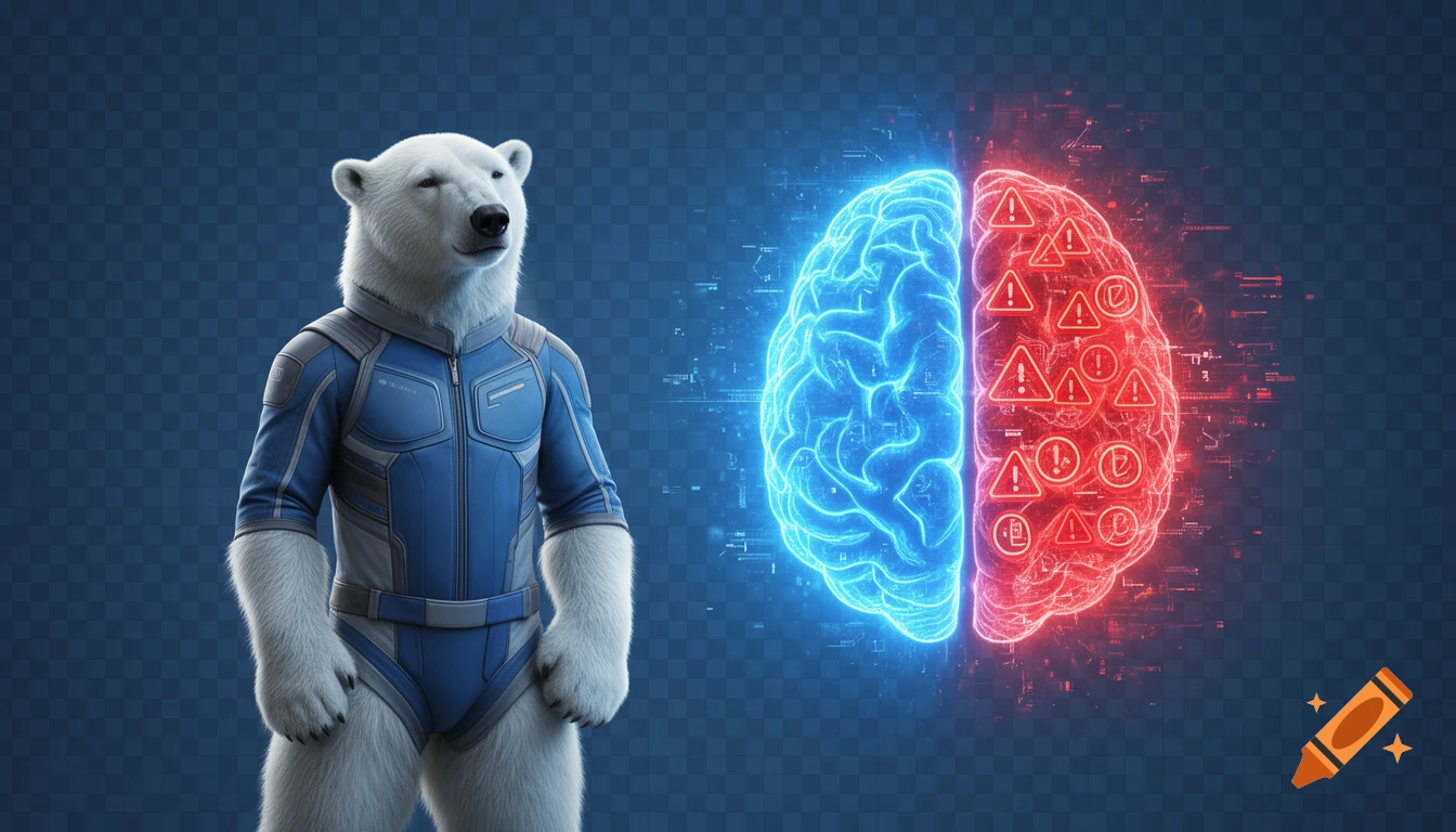 A thoughtful polar bear in a futuristic blue technician suit stands next to a glowing AI brain hologram, half blue and half red with warning symbols, in a neon blue technology style.