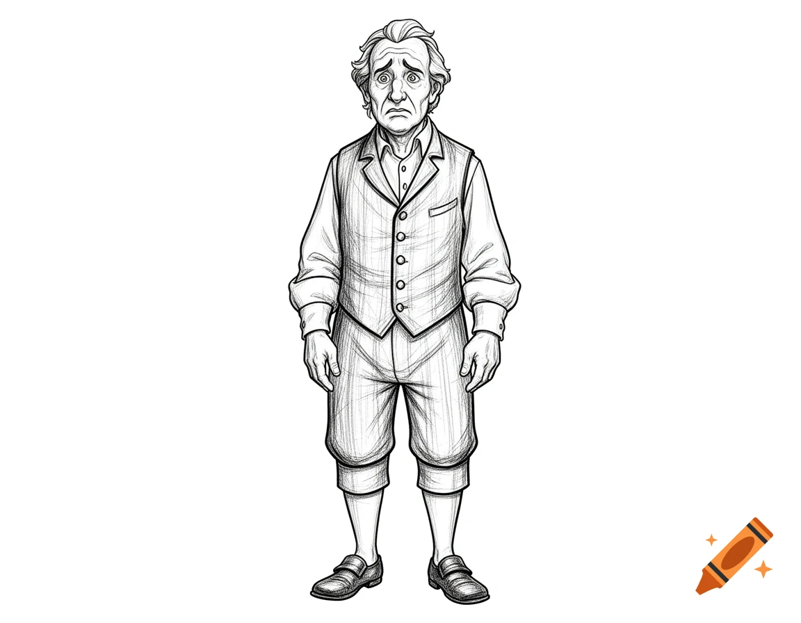 Black and white line drawing of Maurice from Beauty and the Beast, an older man standing with a worried expression.