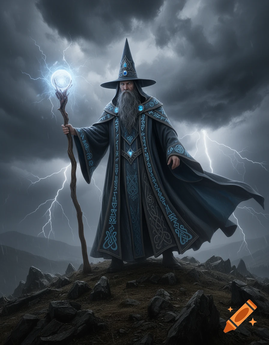 A powerful wizard in a dark robe and pointed hat stands on a rocky hill, holding a glowing staff as lightning flashes in a stormy sky.