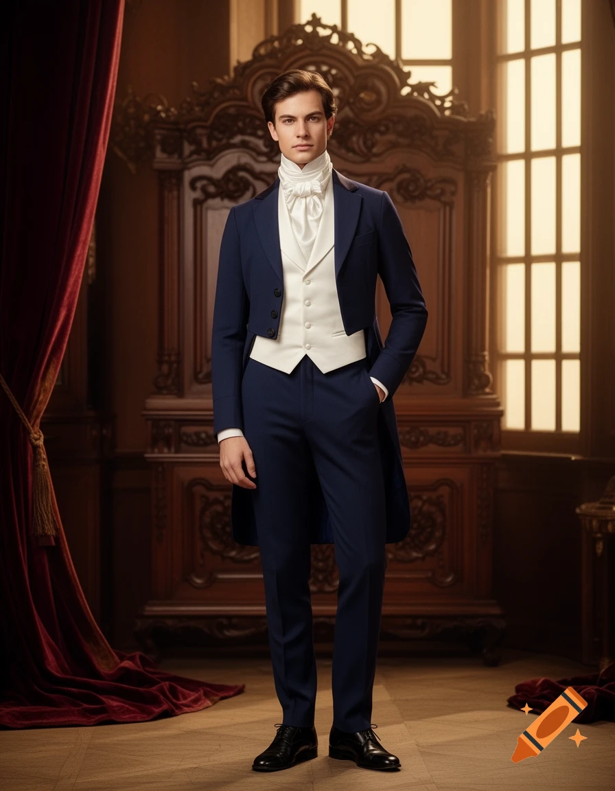 A man in a dark blue frock coat, white waistcoat, and cravat stands in a lavish historical room. Photorealistic style.
