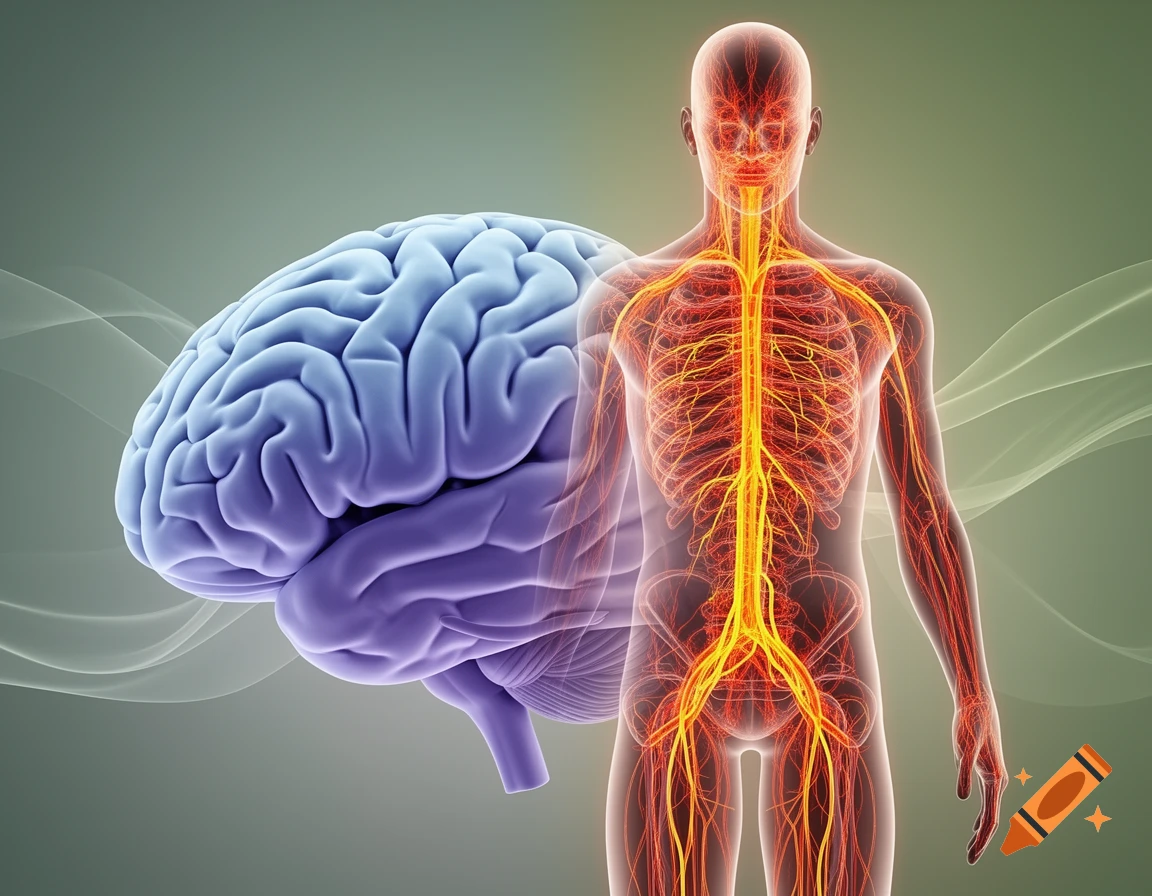 3D rendering of a human brain next to a translucent body with a glowing nervous system, illustrating brain-body communication.