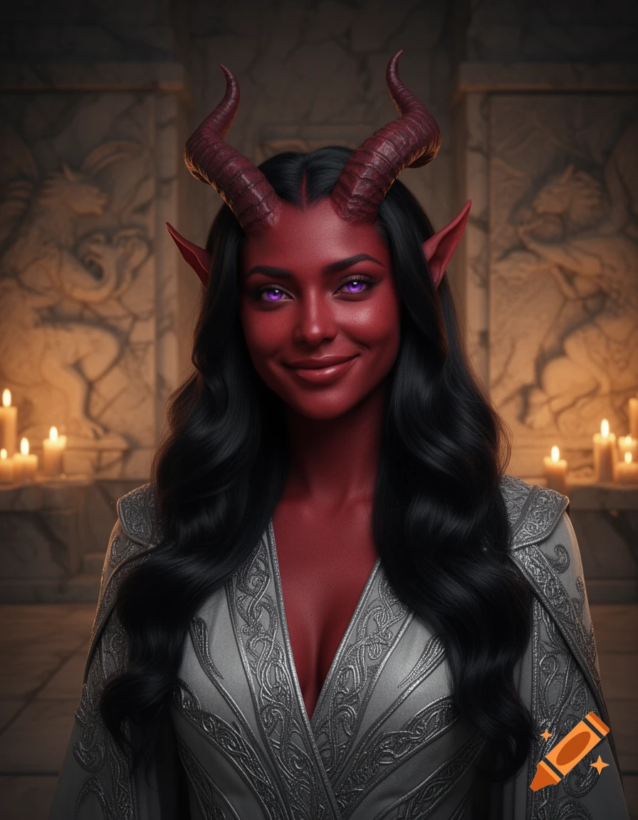 A smiling female tiefling with red skin, purple eyes, and horns, wearing an ornate silver robe in a dimly lit stone hall.