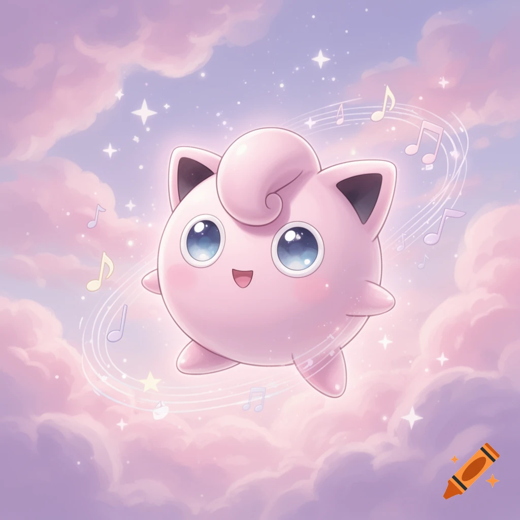 A cute pink Jigglypuff with large blue eyes floats in a pastel purple and pink cloudy sky, surrounded by musical notes and stars.