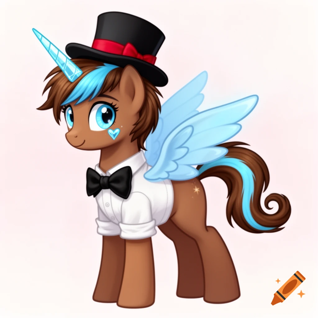A brown unicorn-pegasus pony in My Little Pony style, wearing a white shirt, black bow tie, and top hat, with light blue mane, horn, wings, and a heart cutie mark.