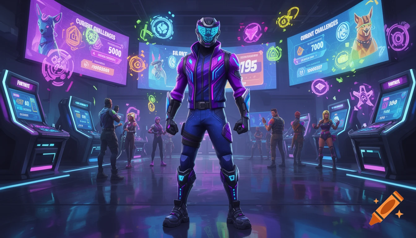 A futuristic Fortnite-themed video game lobby with a central character in a purple and blue suit, surrounded by arcade machines and large glowing challenge screens, other characters are in the background. Stylized digital art.