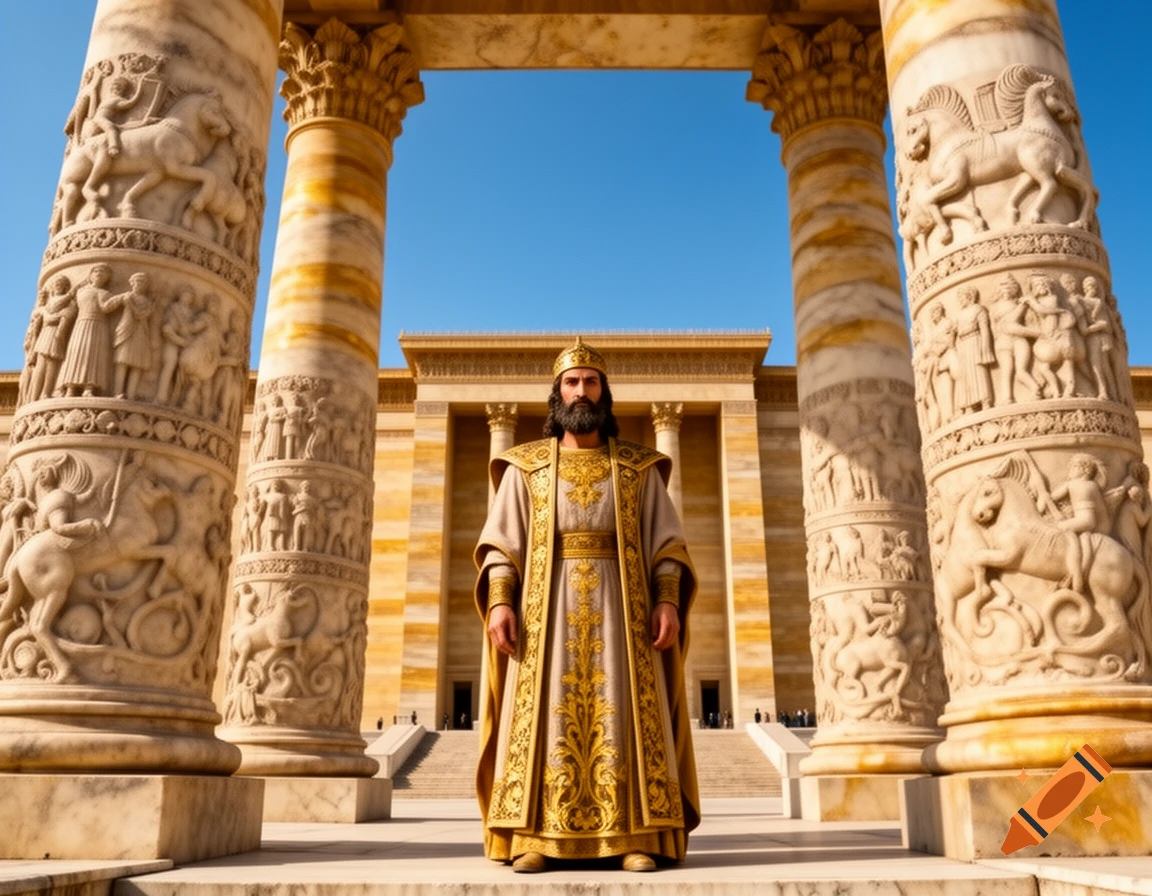A regal man with a beard and crown, wearing ornate gold and white robes, stands between two massive carved marble columns in front of a grand ancient palace under a clear blue sky.