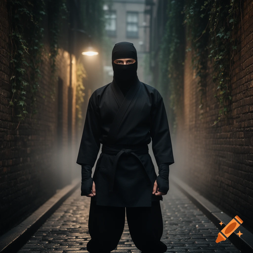 A ninja in a black uniform stands in a dark, misty alley lit by a single streetlamp.
