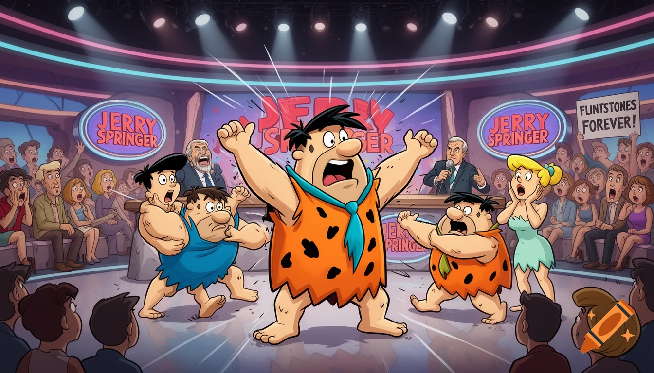 Fred Flintstone and other characters fight on a Jerry Springer-style talk show stage with a shocked audience.