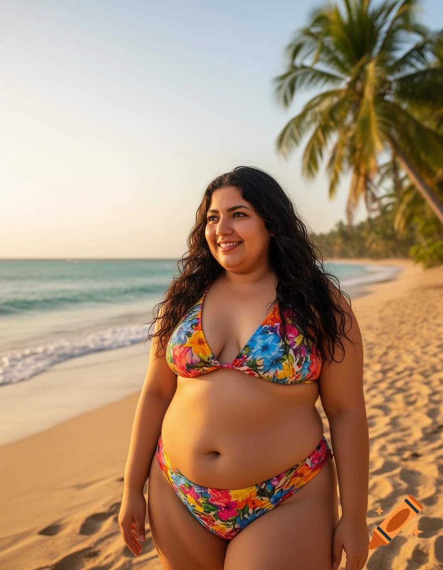 A smiling curvy woman in a colorful floral bikini stands on a sandy beach with the ocean and palm trees in the background at sunset.
