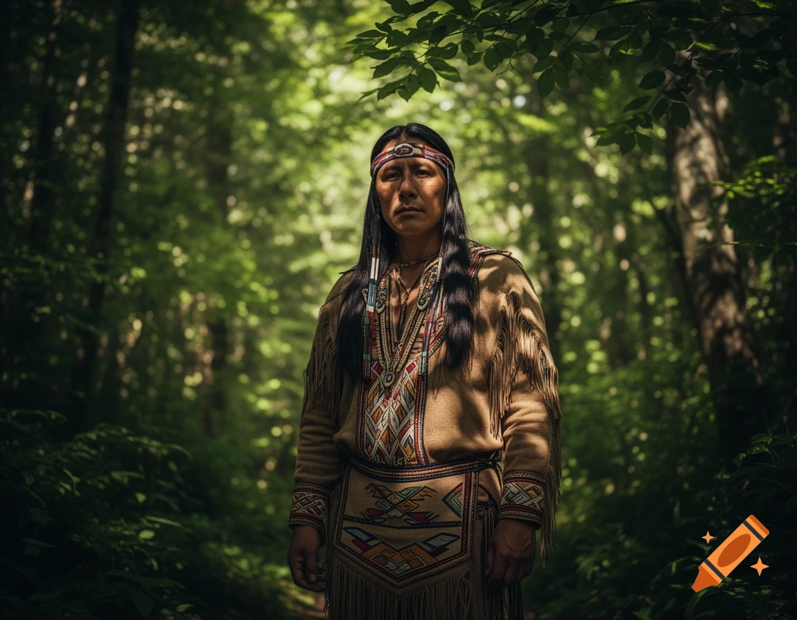 A man in traditional Indigenous clothing stands looking forward in a sunlit forest.
