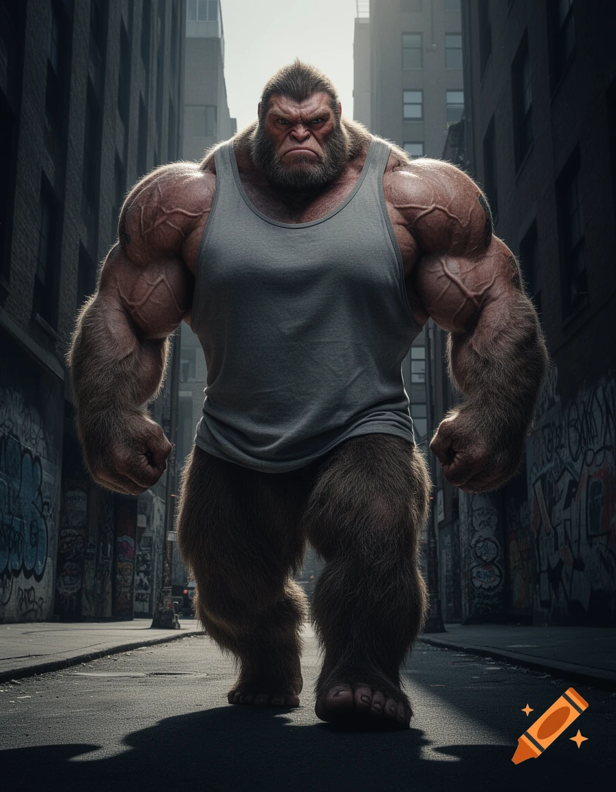A giant, muscular, furry creature in a gray tank top walks down a city street with graffiti-covered walls.