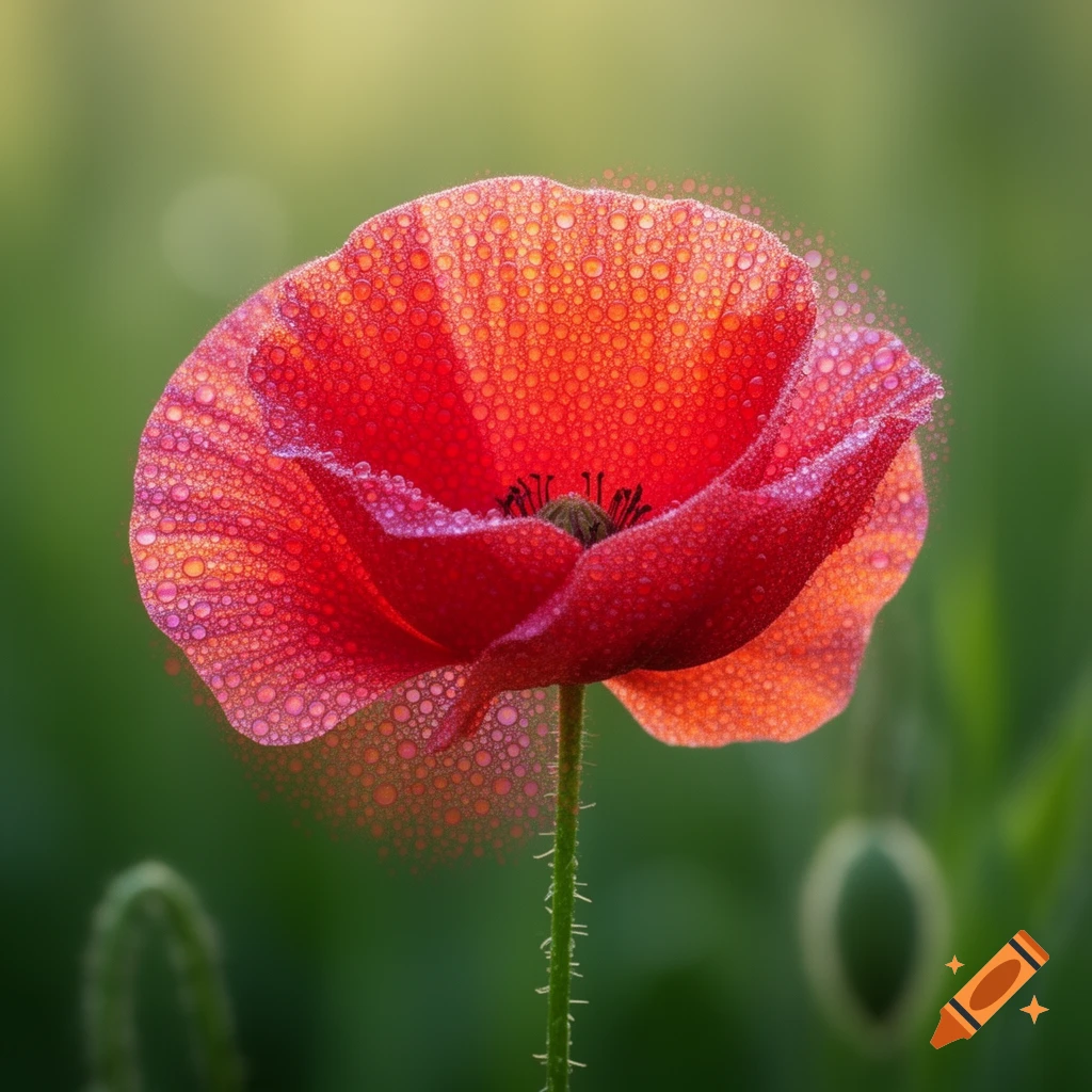 A vibrant red poppy with dewdrop-like pointillism dots on its petals and a green stem, set against a soft bokeh background.