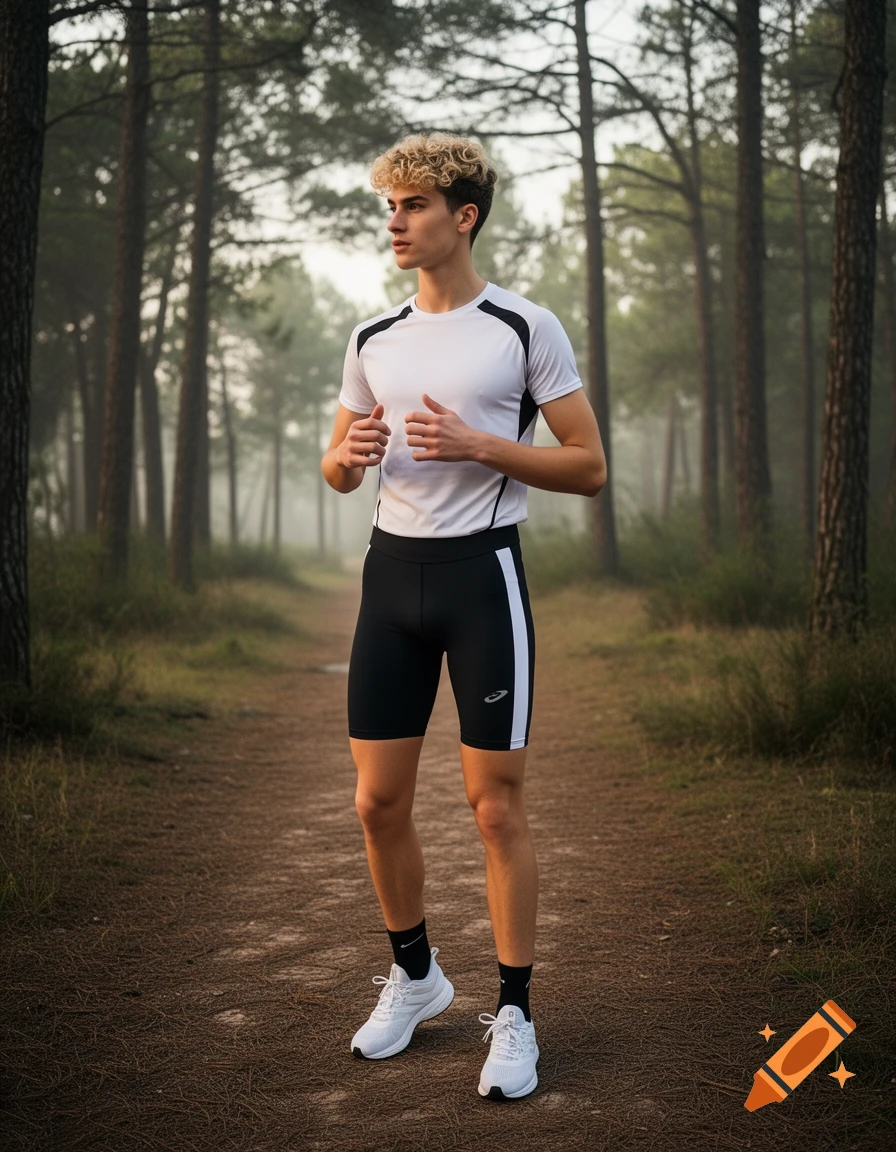 A young male runner in sportswear stands on a forest path, looking focused.