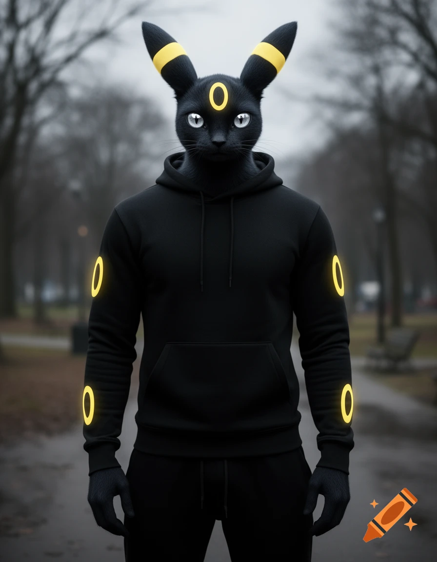 A humanoid Umbreon wearing a black hoodie and sweatpants stands in a park setting.