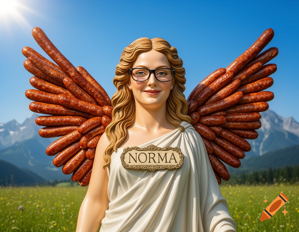 A statue-like woman in a toga and glasses, with bratwurst wings and 'NORMA' on her chest, stands in a field with mountains.