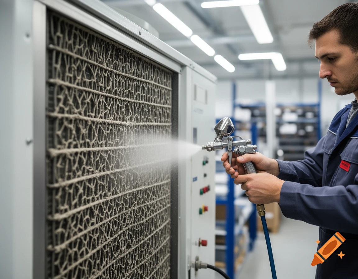 A man in a blue uniform cleaning a large, dirty cooling unit filter with a spray gun in an industrial setting.