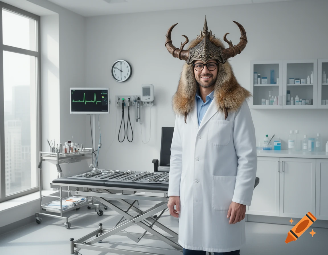 Photorealistic image of a smiling doctor in a lab coat, glasses, and a horned, fur-lined fantasy helmet, standing in a medical exam room.