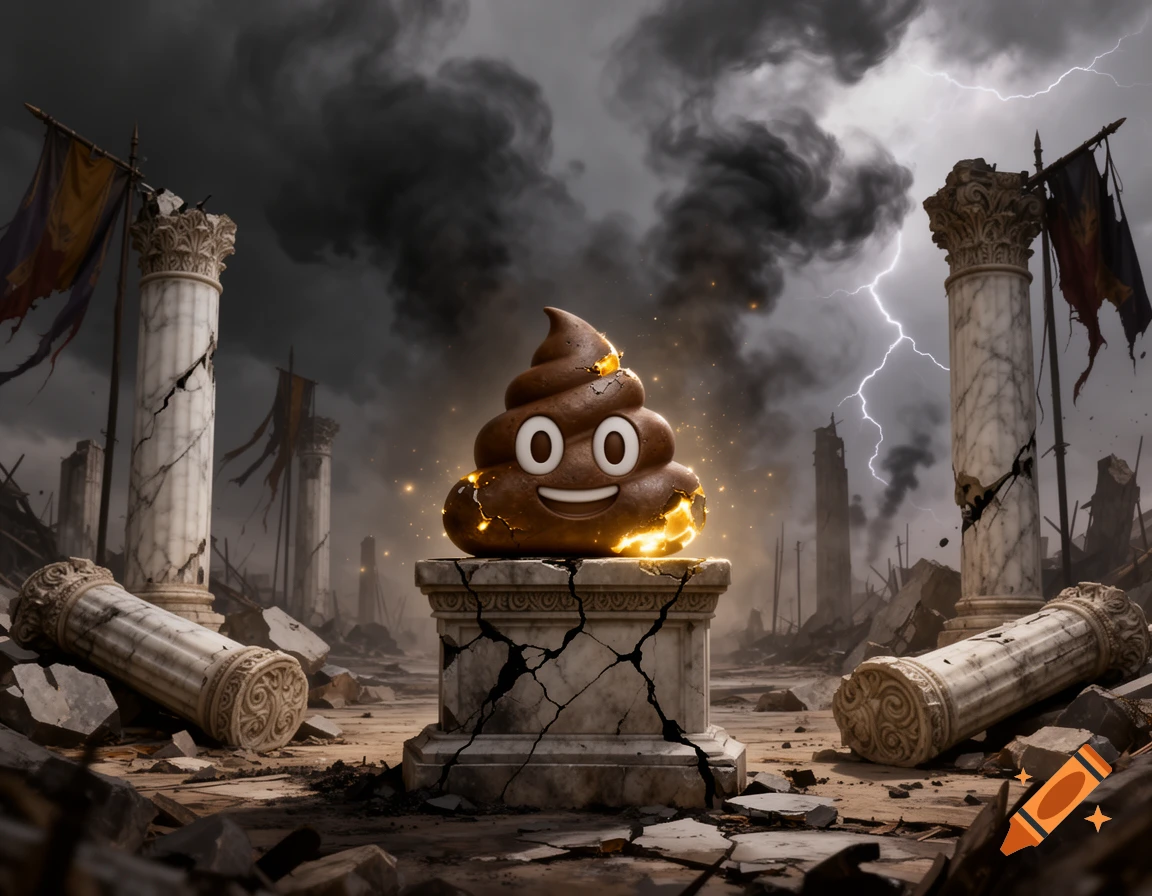 A dramatic fantasy image of a glowing poop emoji relic on a cracked pedestal in ancient ruins under a stormy, lightning-filled sky.