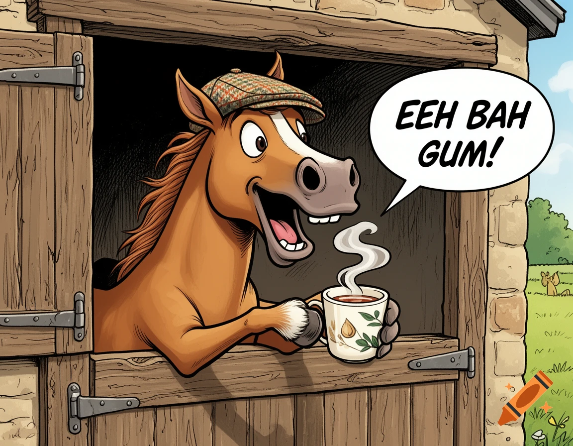 A humorous cartoon horse wearing a tweed flat cap leans out of a stable door, holding a steaming mug of tea, with a speech bubble saying "Eeh bah gum!"