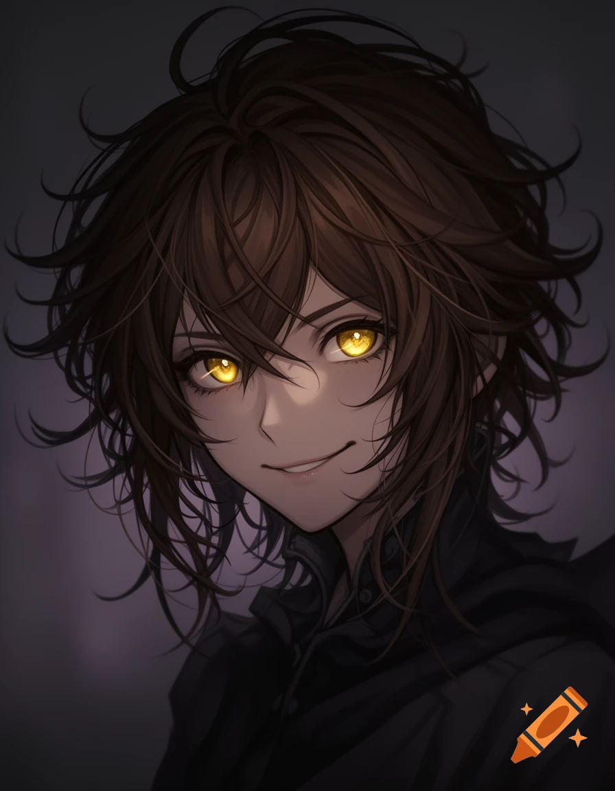 Anime illustration of a young woman with messy brown hair, glowing yellow eyes, and a subtle smirk, set against a dark background.