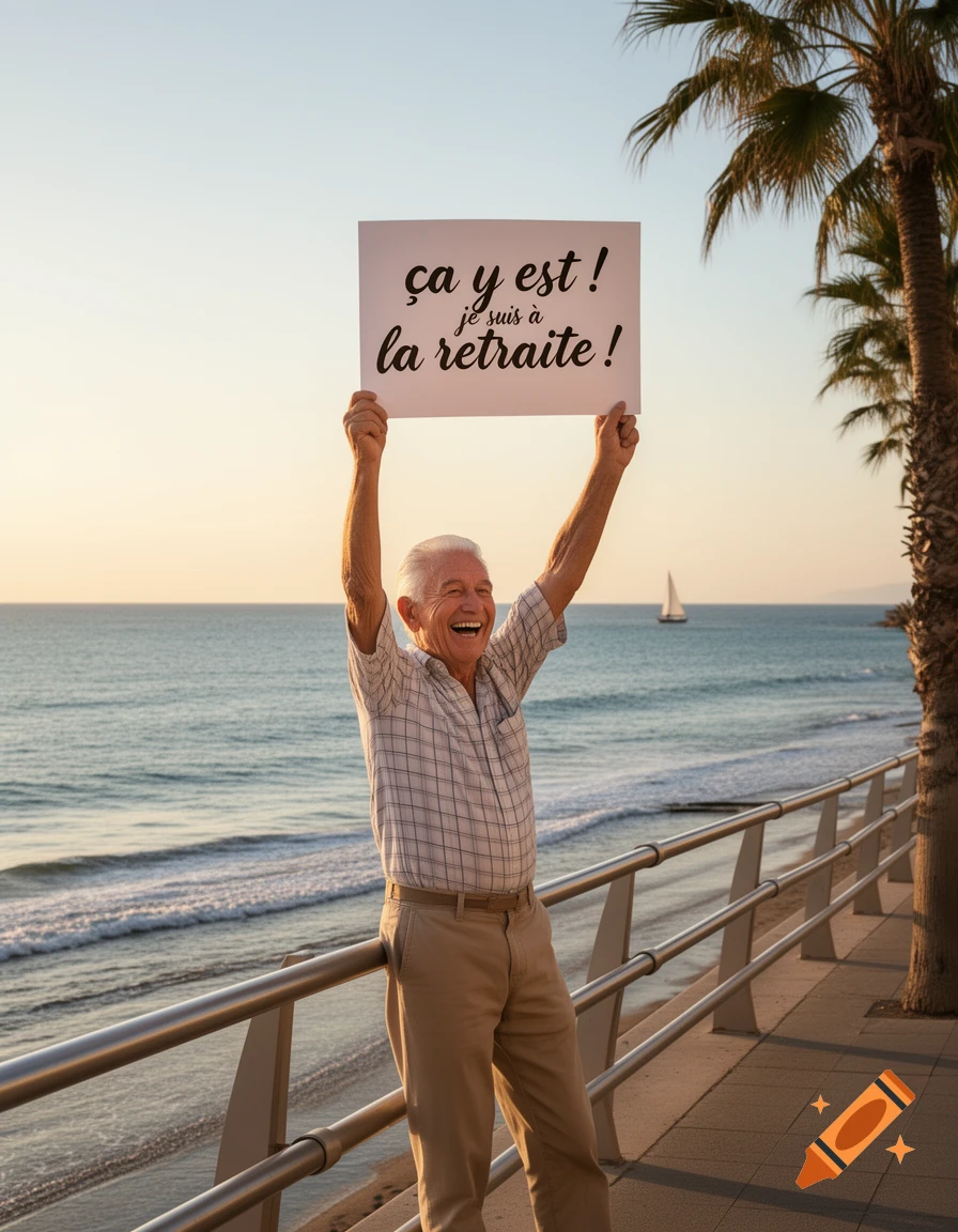 A happy elderly man on a beach promenade holding a sign that reads 'ça y est ! je suis à la retraite !' (That's it! I'm retired!). Photorealistic.