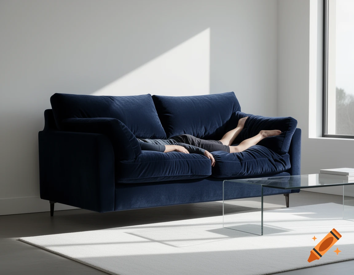 A person lies face down, mostly hidden by a plush, dark blue velvet sofa in a minimalist modern room with a glass coffee table and a large window.