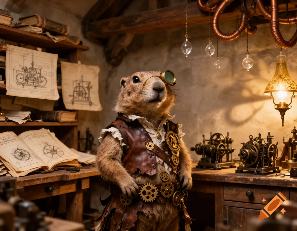 Photorealistic anthropomorphic prairie dog in steampunk attire with gears and a monocle, standing in a Da Vinci-style workshop.