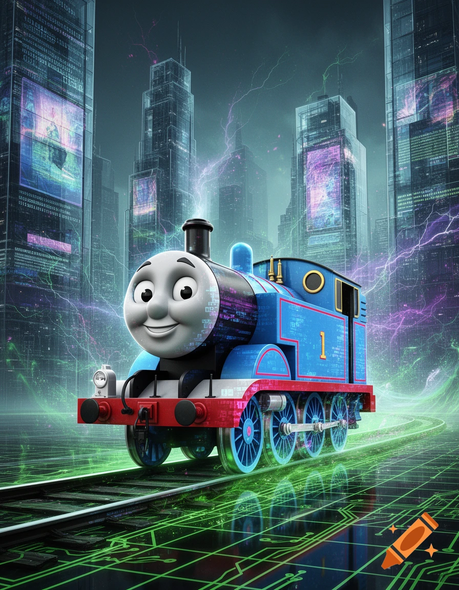 Thomas the Tank Engine stands on digital tracks in a neon-lit, futuristic city with skyscrapers showing abstract code patterns and purple lightning.