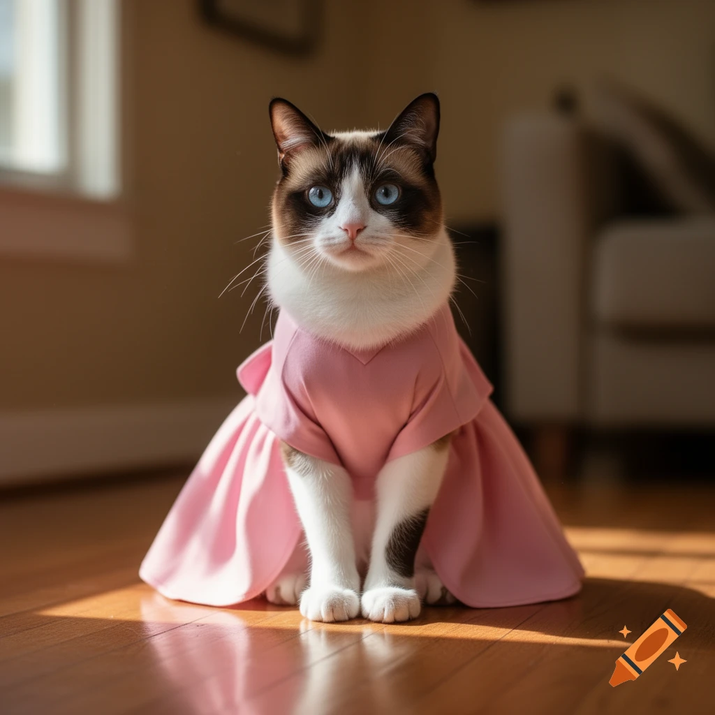A photorealistic Snowshoe cat with striking blue eyes, wearing a pink dress, sits on a sunlit wooden floor.