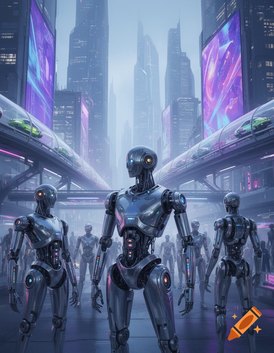 Three metallic robots stand in a futuristic cityscape with towering skyscrapers and elevated transparent tubes carrying green cars.
