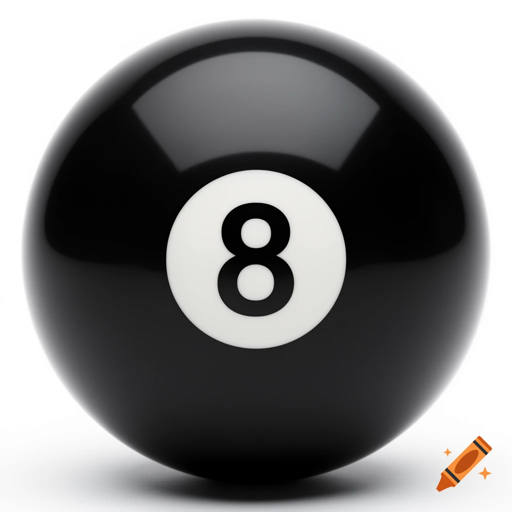 A glossy black 8-ball with a white circle containing the number 8, set against a plain white background.