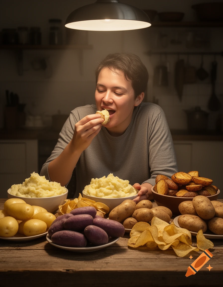 A person joyfully eats a potato amidst various potato dishes like mashed potatoes, roasted potatoes, chips, and raw potatoes on a wooden table under a lamp.