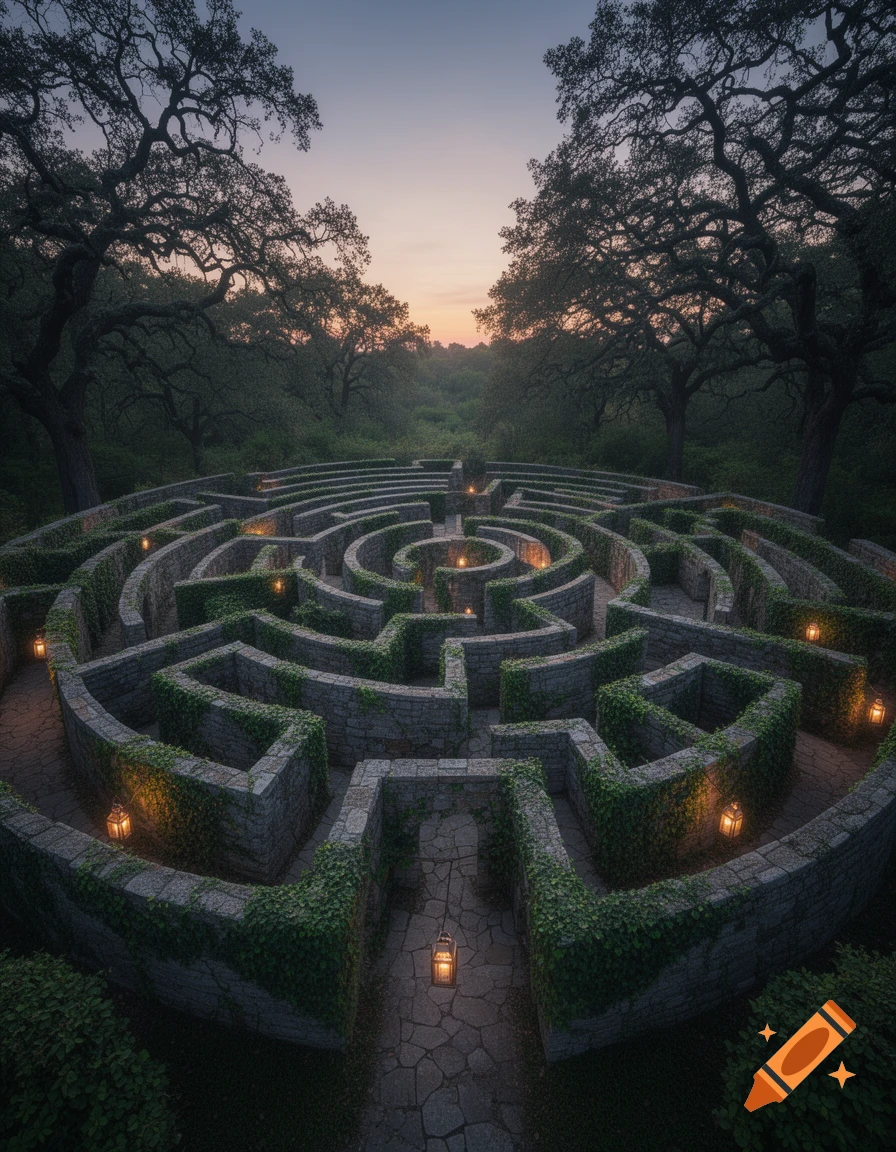 An aerial view of a stone garden maze covered in ivy, lit by glowing lanterns at dusk, surrounded by large, dark trees.