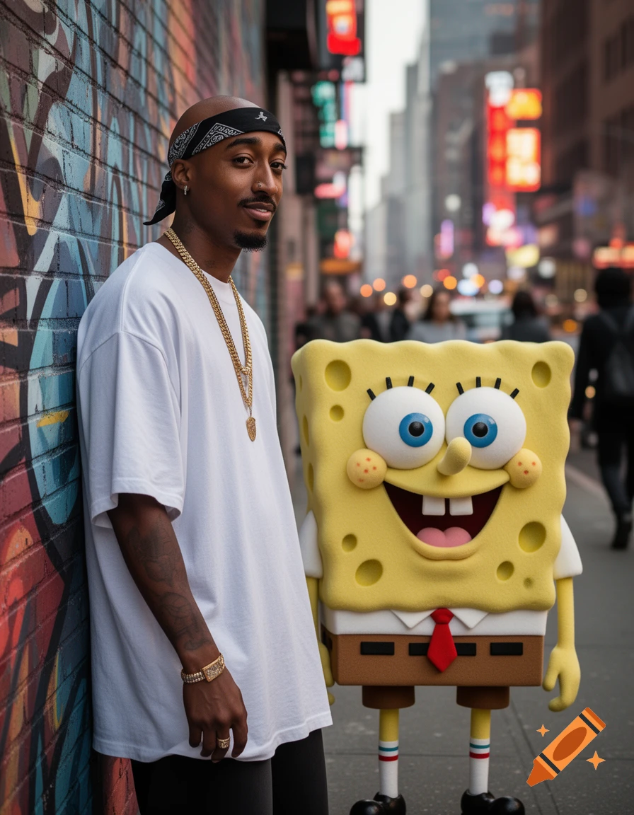 A man resembling Tupac Shakur with a bandana and gold chains stands next to a Spongebob Squarepants character on a city street with graffiti and blurred lights.