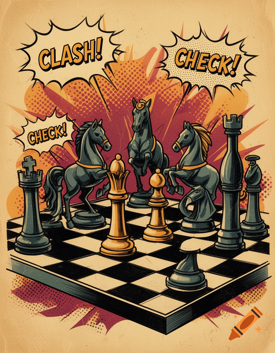 A vintage comic book style illustration of chess pieces on a board with speech bubbles saying 'CLASH!' and 'CHECK!'.