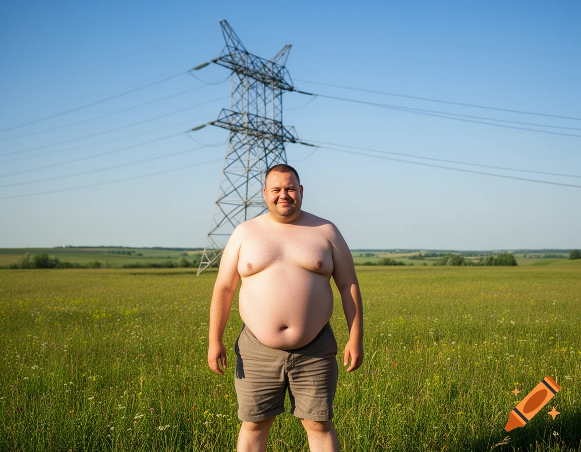 A shirtless man with a prominent belly stands in a green field with a large electricity pylon behind him, smiling.