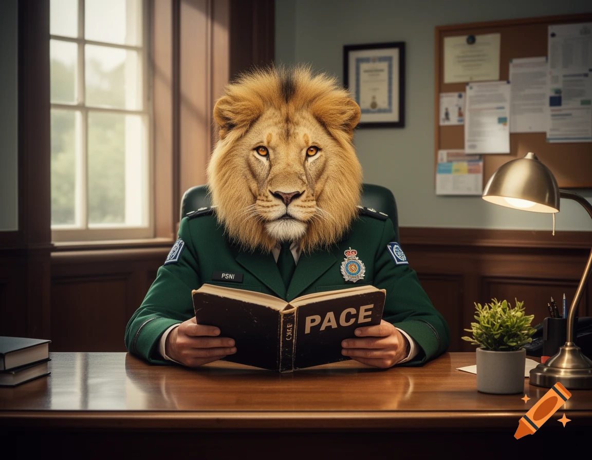 A photorealistic lion-headed police officer in a green uniform sits at a desk, reading a book titled 'PACE'.