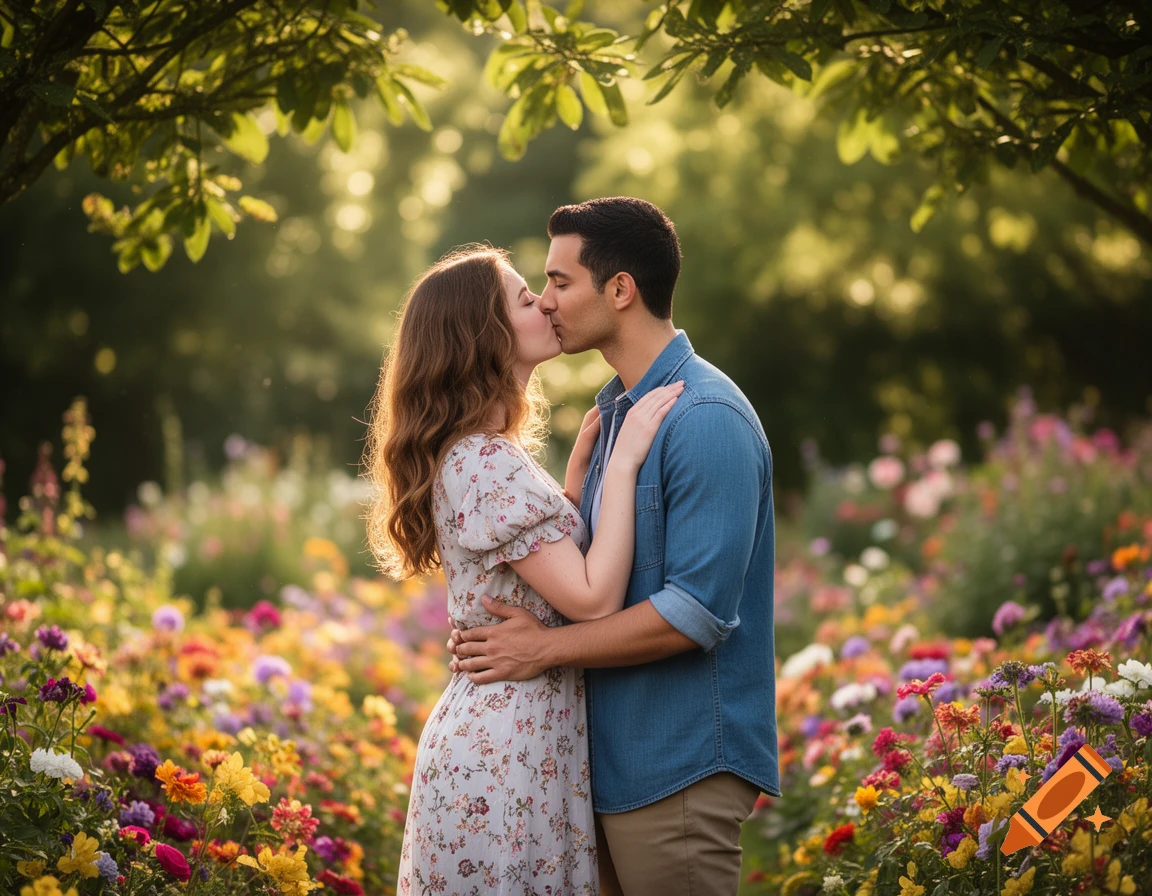 A man and woman kiss intimately in a vibrant flower field bathed in soft sunlight under a leafy tree.
