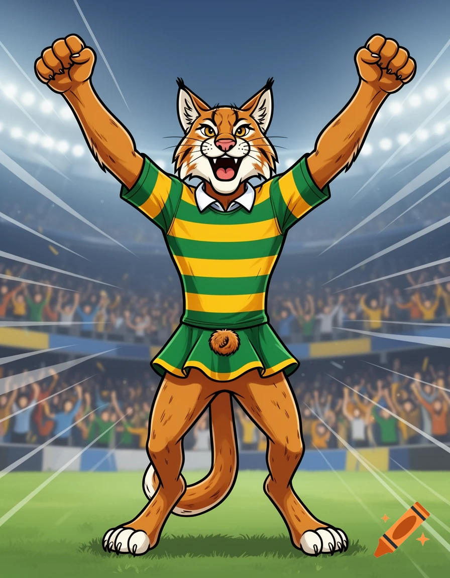 A cartoon anthropomorphic bobcat mascot in a green and yellow striped rugby shirt and a green skirt, with arms raised in celebration inside a stadium.