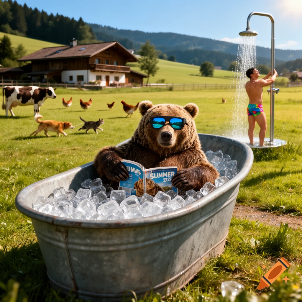 A bear in sunglasses reads a magazine in an ice-filled bathtub on a sunny Bavarian farm with animals and a showering man.