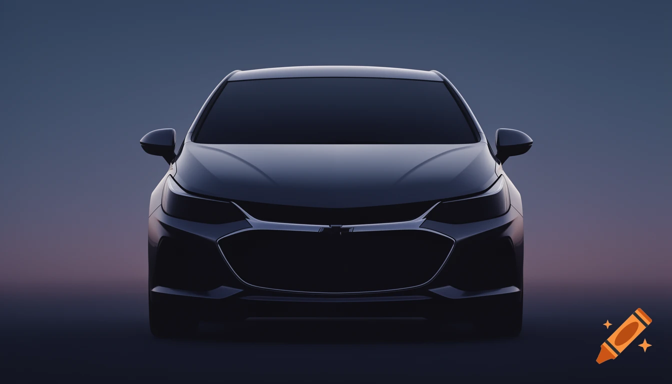 Front view of a dark, silhouetted car with a prominent grille against a soft blue and purple gradient background.